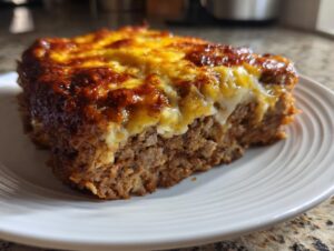 A close-up of a thick slice of crockpot french onion meatloaf topped with bubbly, browned melted cheese.