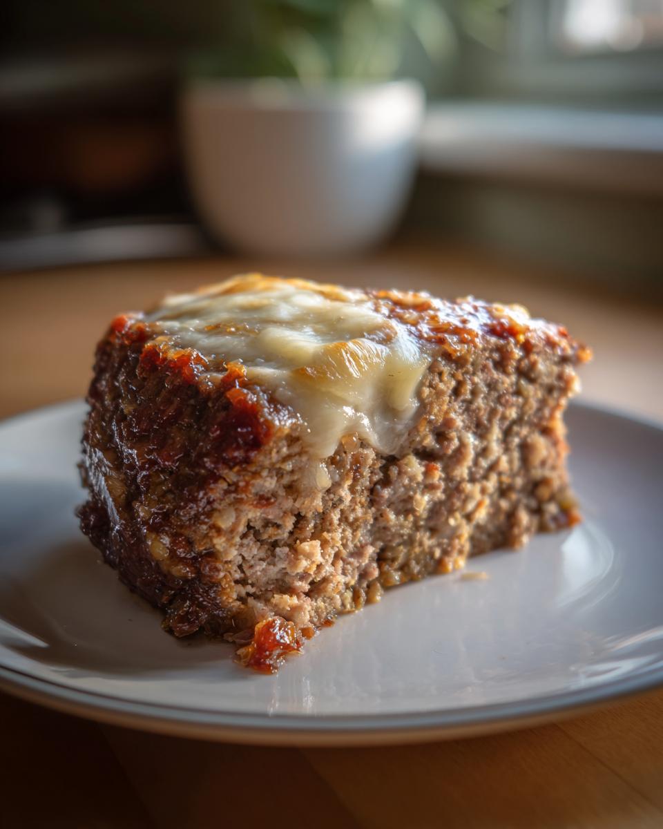 A thick slice of moist crockpot french onion meatloaf topped with melted white cheese.