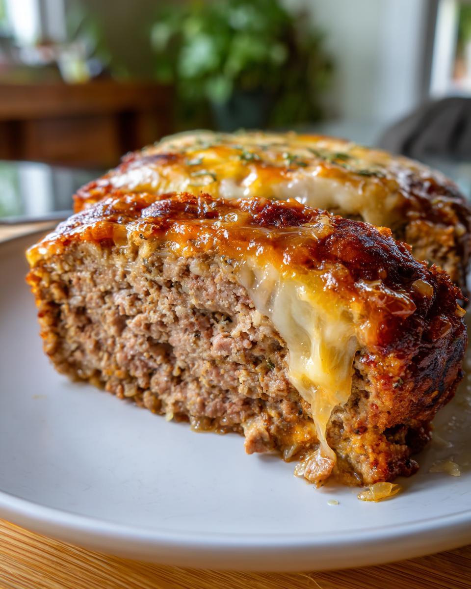 Close-up of a slice of crockpot french onion meatloaf topped with melted, gooey cheese.