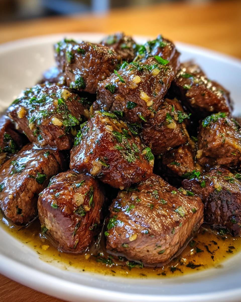 Close-up of tender, cubed crockpot steak bites coated in a glossy garlic and parsley butter sauce.
