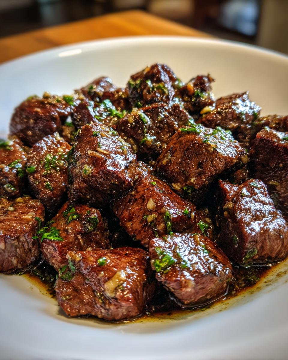 Close-up of tender, cubed crockpot steak bites coated in a savory, glossy brown sauce with visible garlic and parsley.