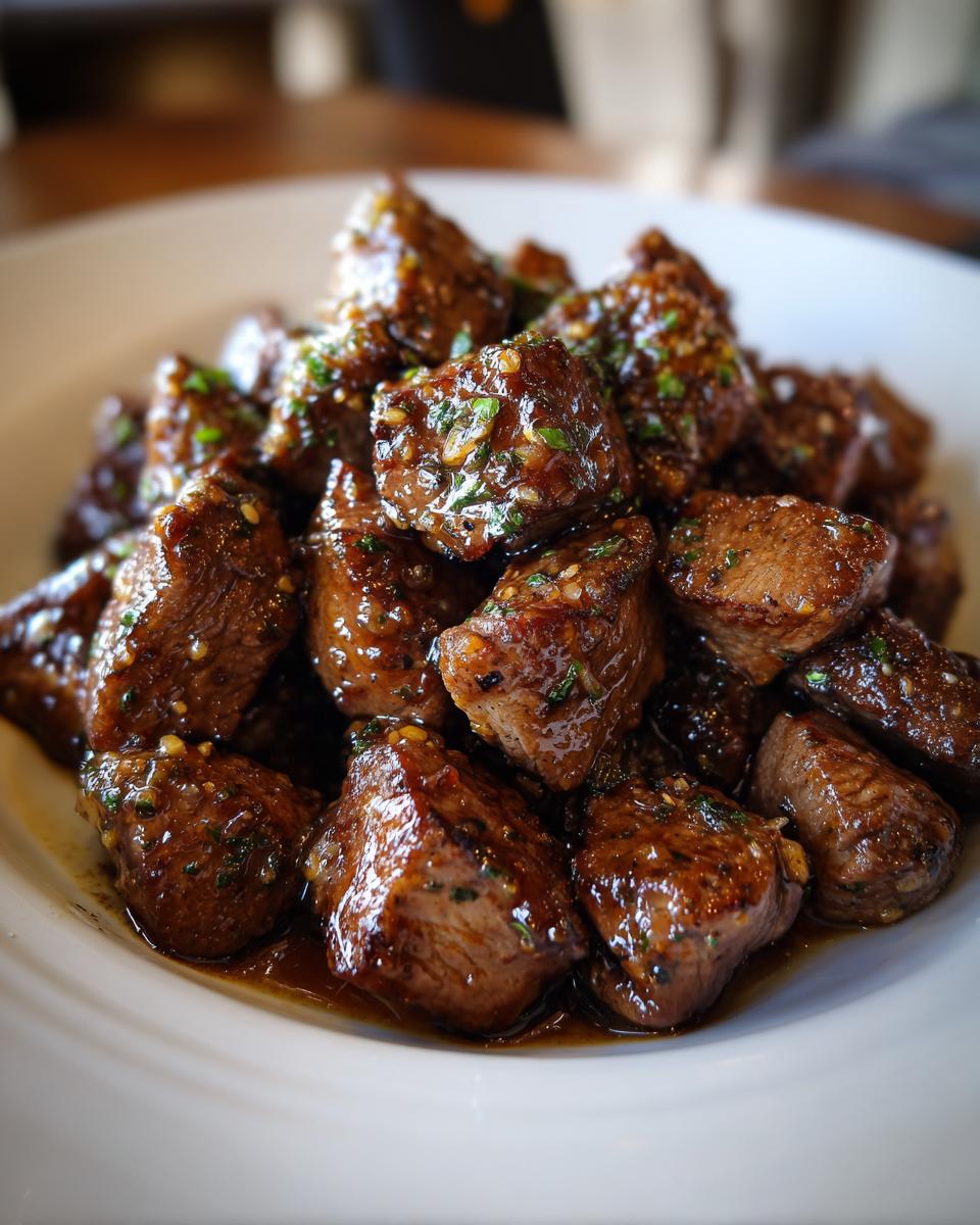 Close-up of tender, glazed crockpot steak bites seasoned with herbs and garlic sauce on a white plate.