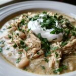 Close-up of a bowl of creamy crockpot white chicken chili topped with sour cream and fresh parsley.