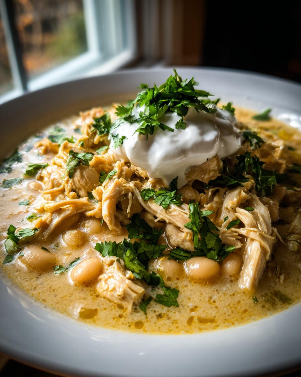 Close-up of a bowl of creamy crockpot white chicken chili topped with shredded chicken, white beans, sour cream, and fresh cilantro.