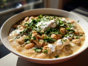 Close-up of creamy crockpot white chicken chili topped with sour cream and fresh cilantro.