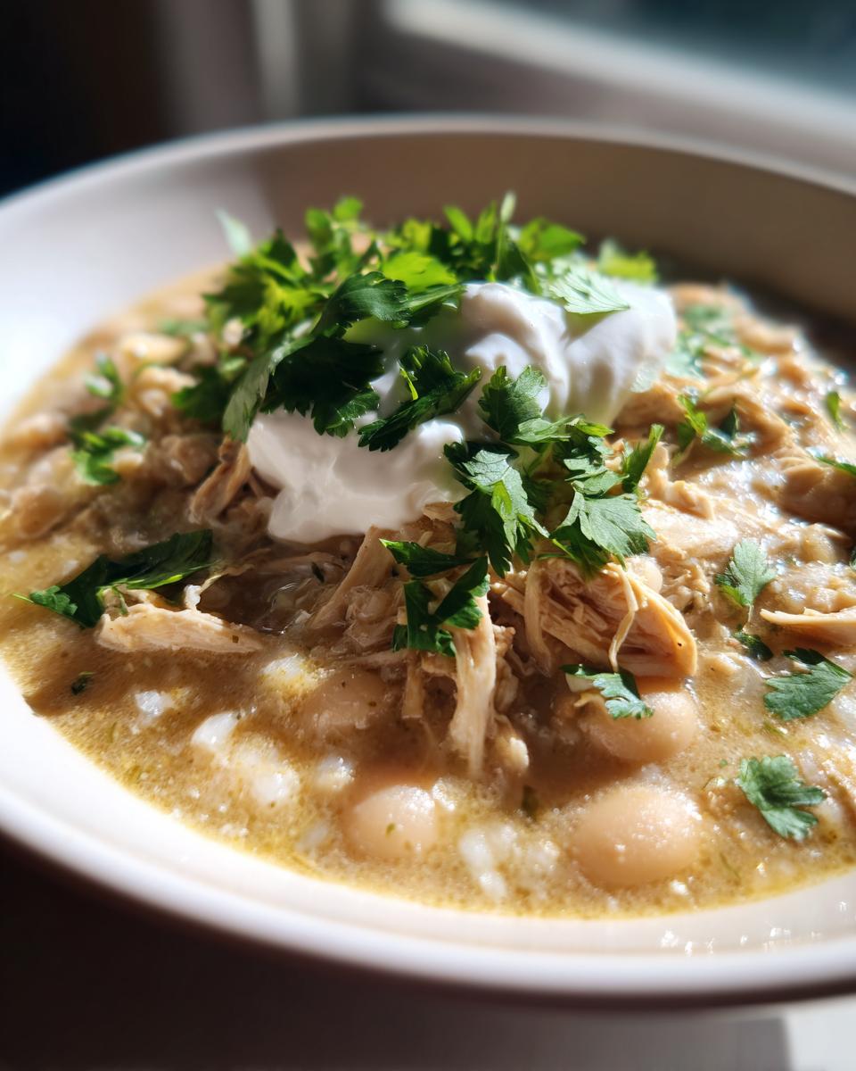 A close-up of a bowl of creamy crockpot white chicken chili topped with sour cream and fresh cilantro.