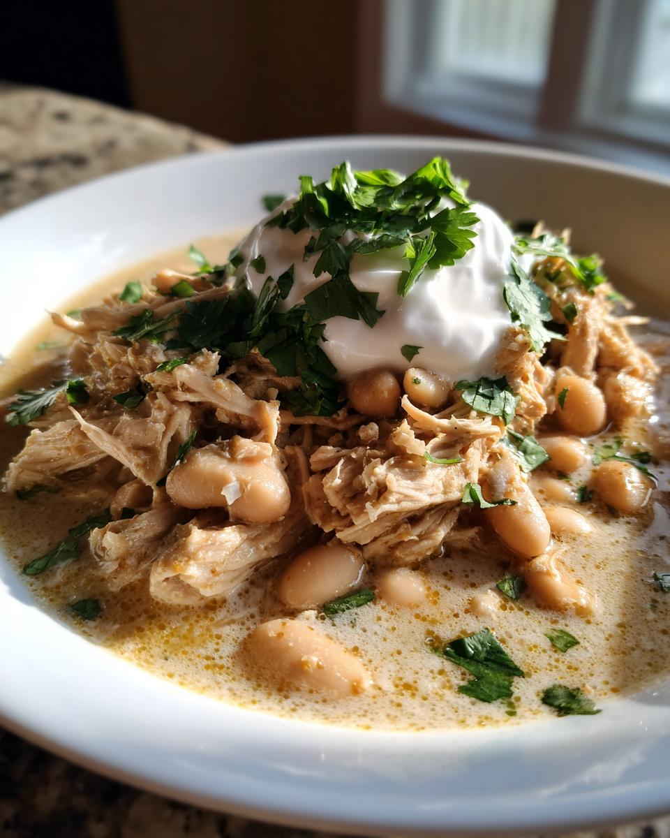 A close-up of a bowl of creamy crockpot white chicken chili topped with shredded chicken, white beans, sour cream, and fresh cilantro.