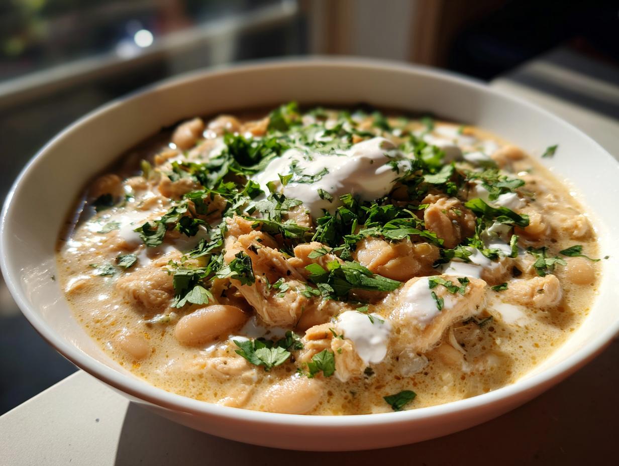 Close-up of creamy crockpot white chicken chili topped with sour cream and fresh cilantro.