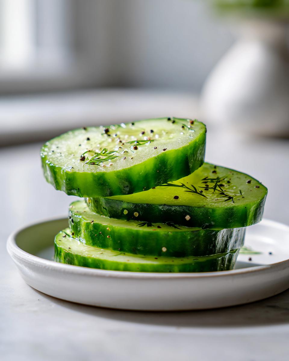 Stack of four thick, bright green cucumber slices seasoned with dill and pepper, ready for refrigerator pickles.
