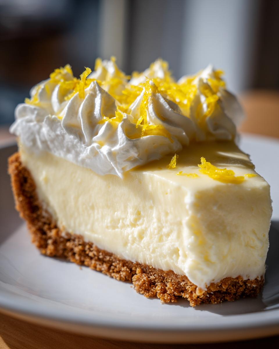 A close-up of a thick slice of creamy lemon pie on a white plate, topped with whipped cream and bright yellow lemon zest.