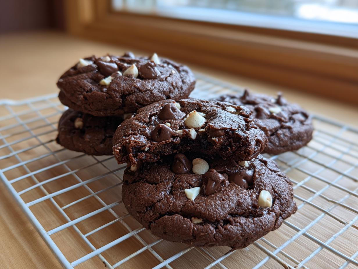 A stack of rich, dark double chocolate peppermint cookies topped with chocolate and white chips, cooling on a wire rack.