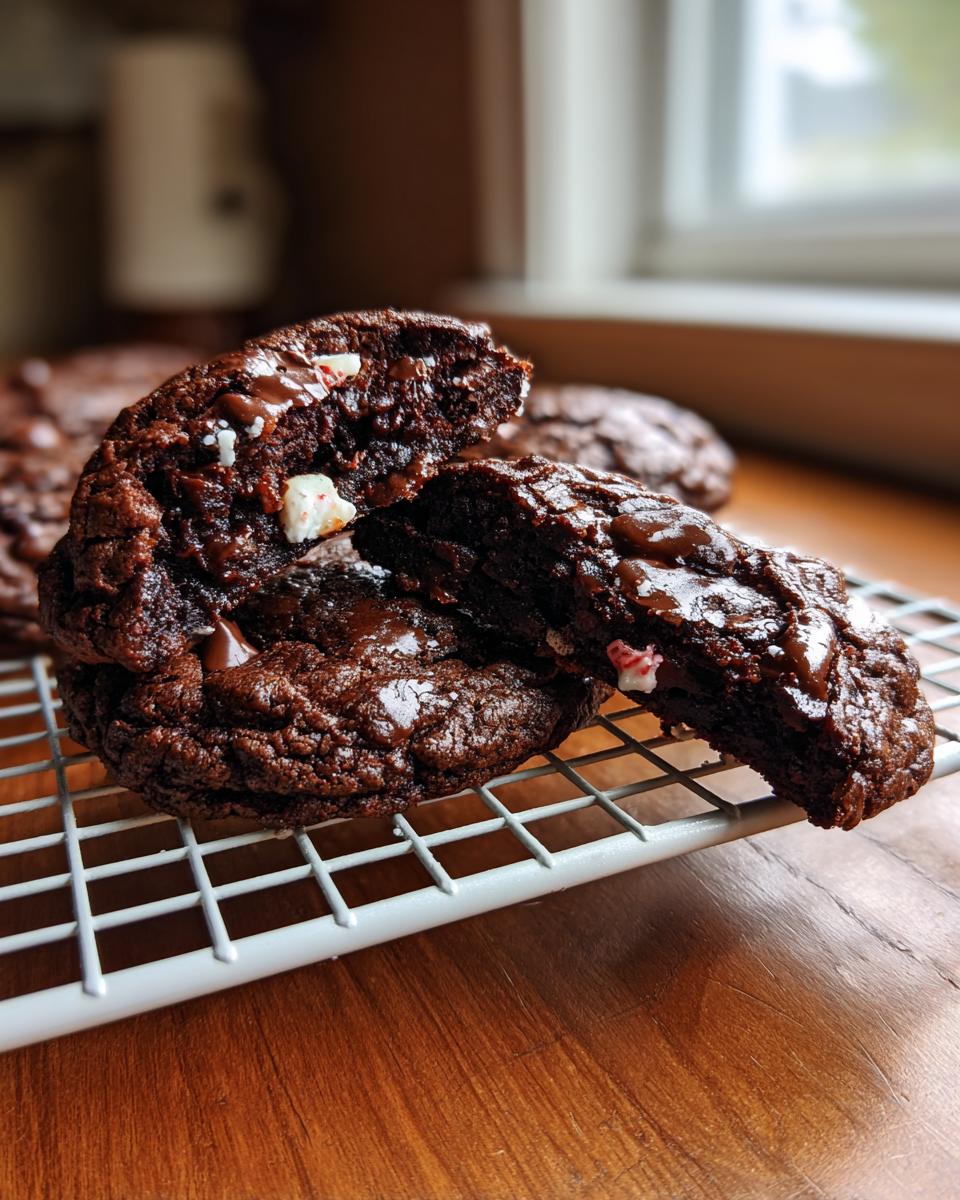A gooey double chocolate peppermint cookie broken in half, showing melted chocolate chips and peppermint pieces inside, resting on a cooling rack.