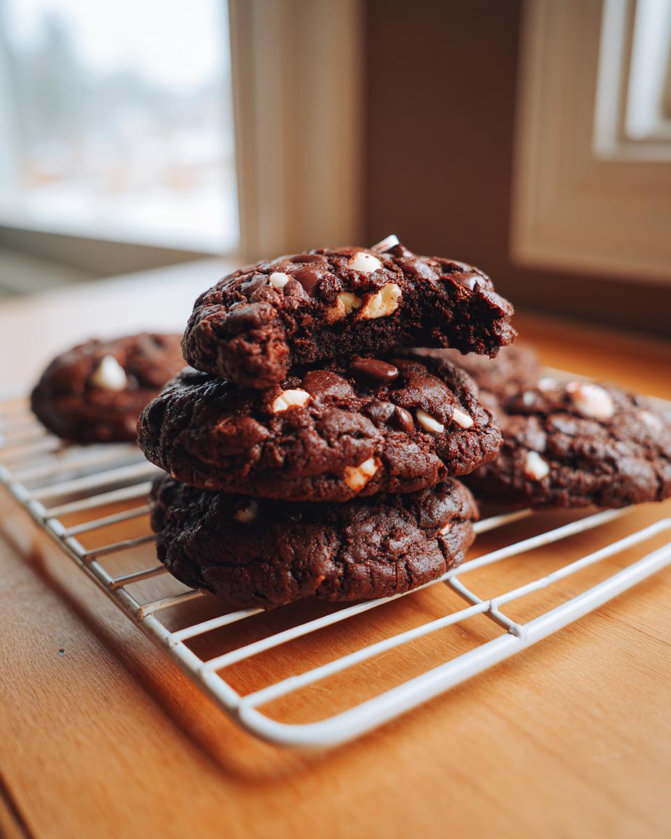A stack of three rich, dark double chocolate peppermint cookies cooling on a white wire rack.