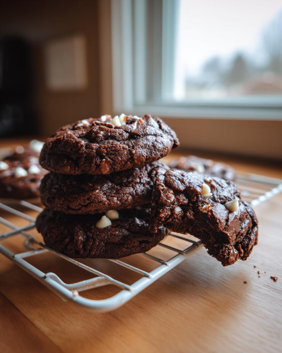 A stack of rich, dark double chocolate peppermint cookies with white chocolate chips cooling on a wire rack.