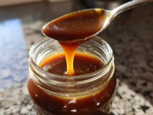 A spoonful of thick, glossy salted caramel sauce drips back into a glass jar.