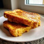 Two thick slices of golden brown easy french toast stacked on a white plate.