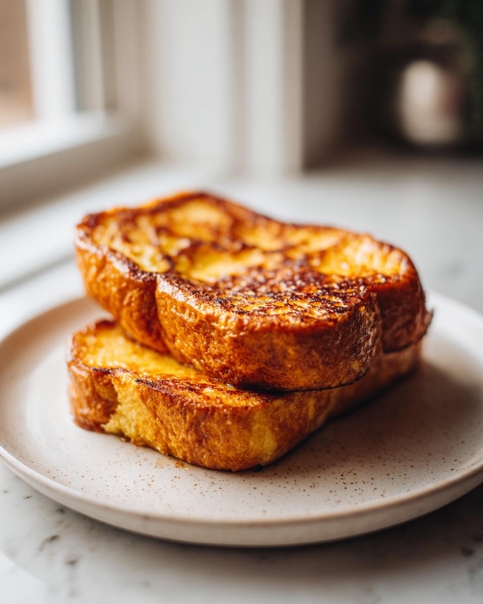 Two thick slices of golden brown easy french toast stacked on a speckled ceramic plate.