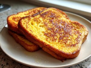 Close-up of three golden-brown slices of easy french toast stacked on a light plate.