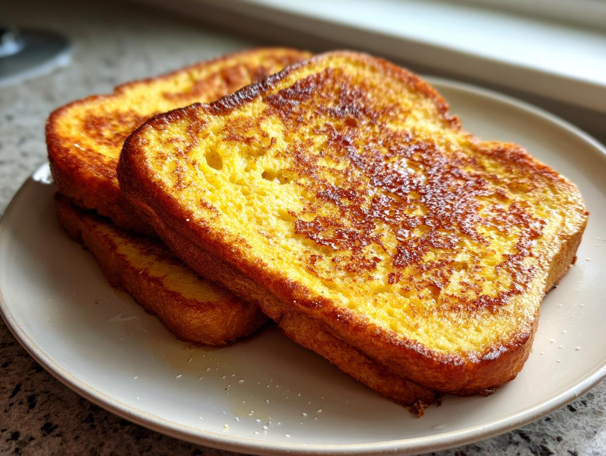 Close-up of three golden-brown slices of easy french toast stacked on a light plate.