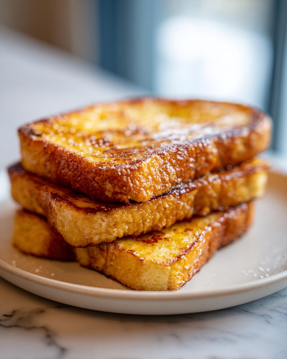A stack of four golden brown slices of easy french toast dusted with powdered sugar on a light plate.