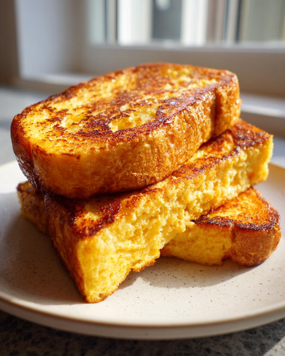 A stack of three golden-brown slices of easy french toast resting on a speckled white plate.