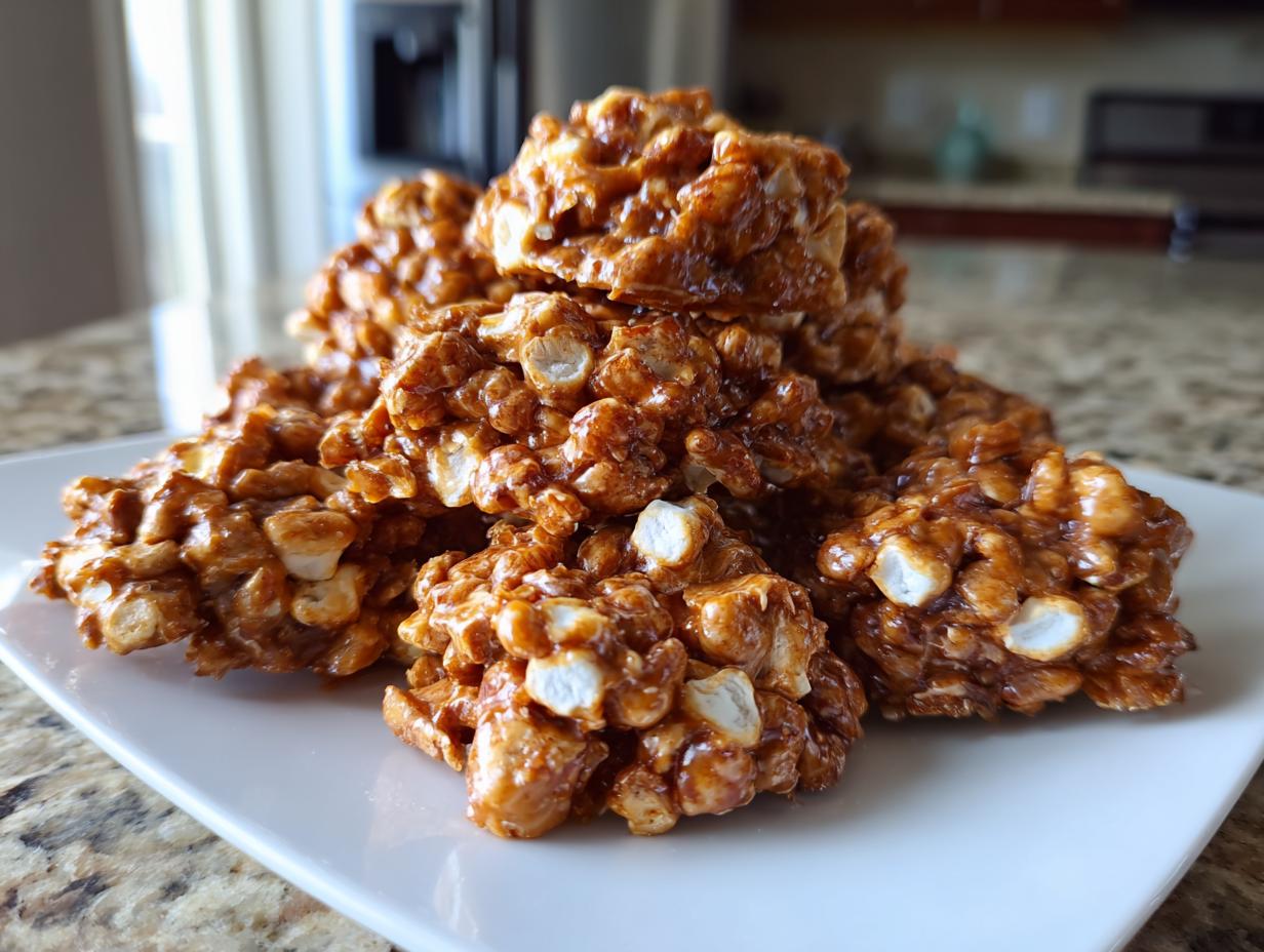 A mound of freshly made, glossy avalanche cookies packed with cereal and marshmallows on a white plate.