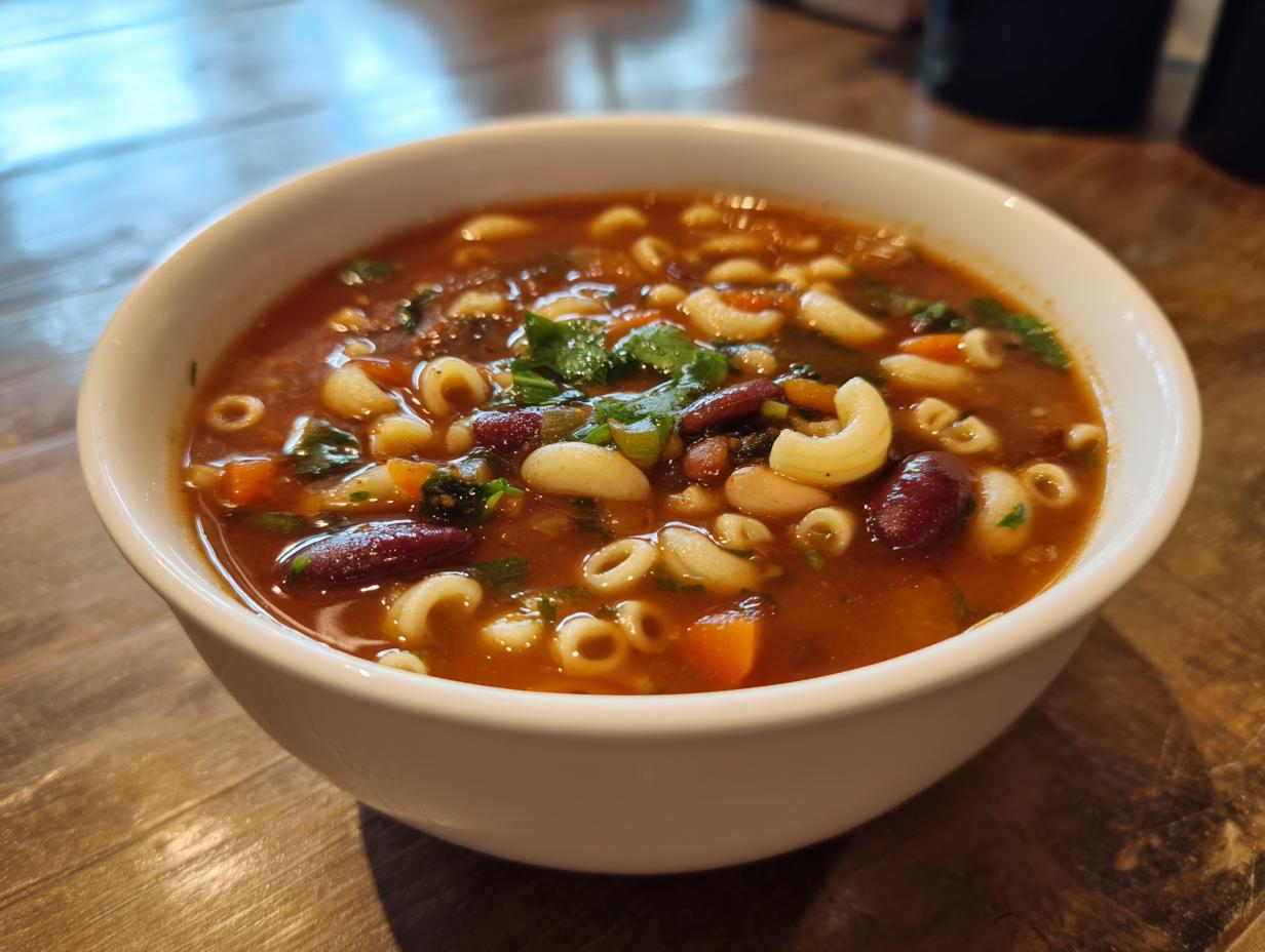 Close-up of a white bowl filled with rich, tomato-based pasta fagioli soup featuring small pasta, kidney beans, and herbs.