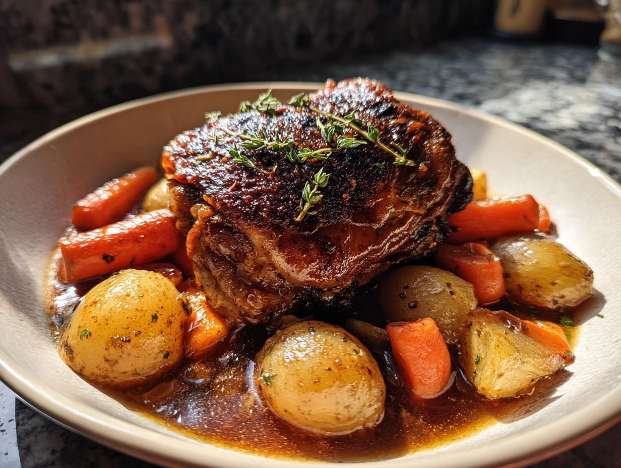 A single, deeply browned braised chicken thighs served with small roasted potatoes and carrots in a rich sauce, garnished with thyme.