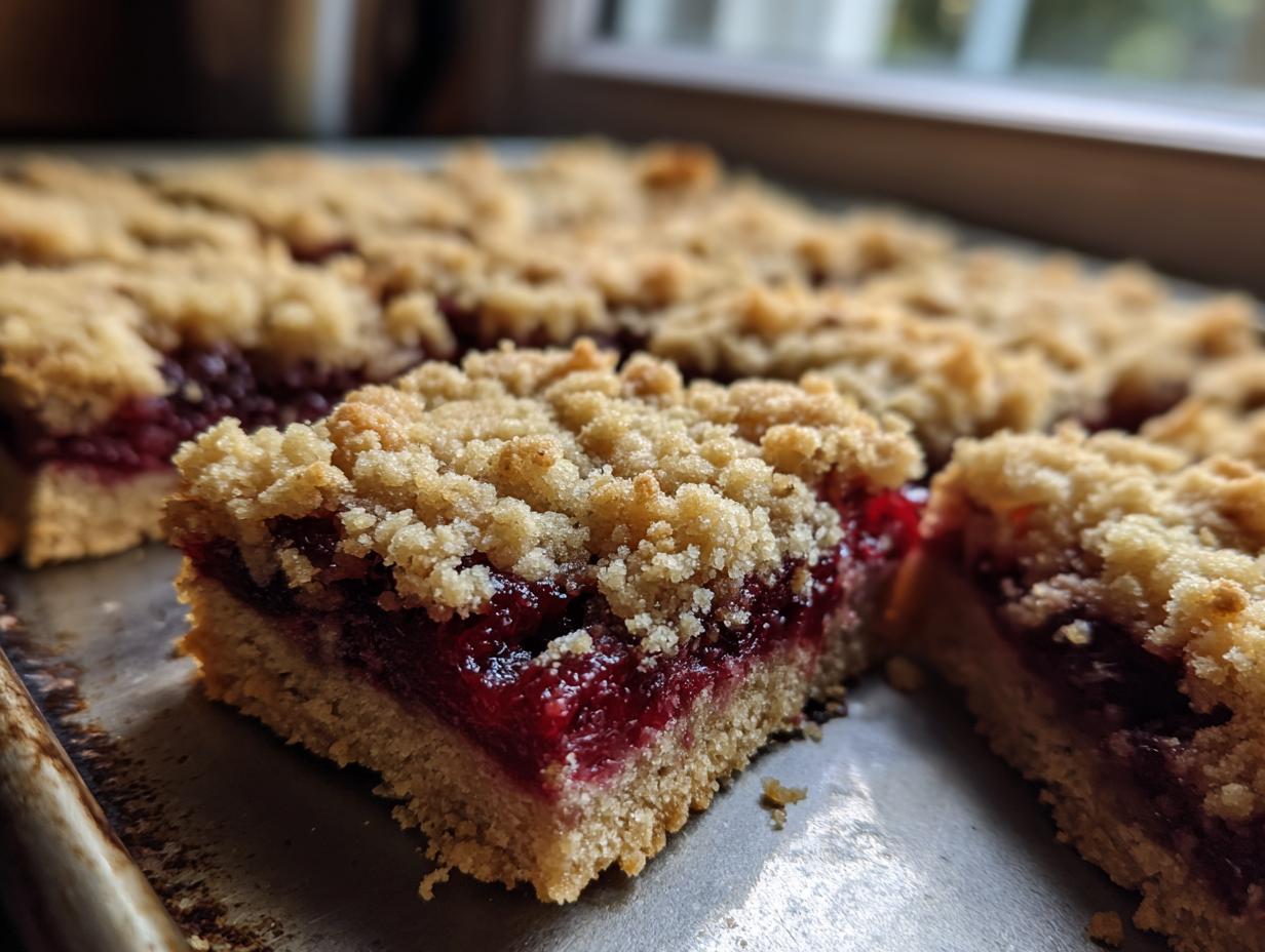 A close-up, featured image of a square slice of cranberry crumble bars showing the thick, buttery shortbread base and generous crumb topping over the bright red cranberry filling.