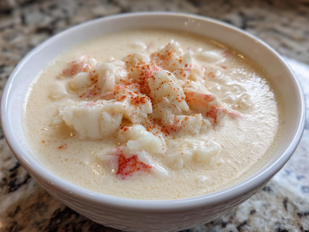 Close-up of a white bowl filled with creamy crab soup, topped generously with large chunks of white crab meat and a sprinkle of paprika.