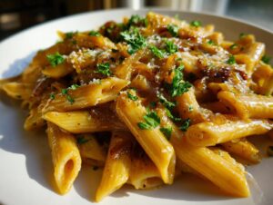 A close-up, sunlit shot of creamy french onion pasta (penne) topped with caramelized onions, grated cheese, and fresh parsley.