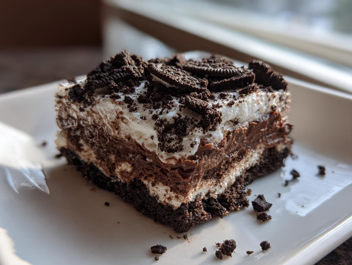 A rich, square slice of 4-layer dirt cake featuring chocolate pudding, cream, and crushed Oreos on a white plate.