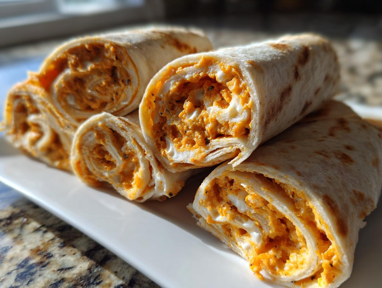 Four slices of delicious taco pinwheels showing the creamy orange filling rolled tightly in a tortilla.