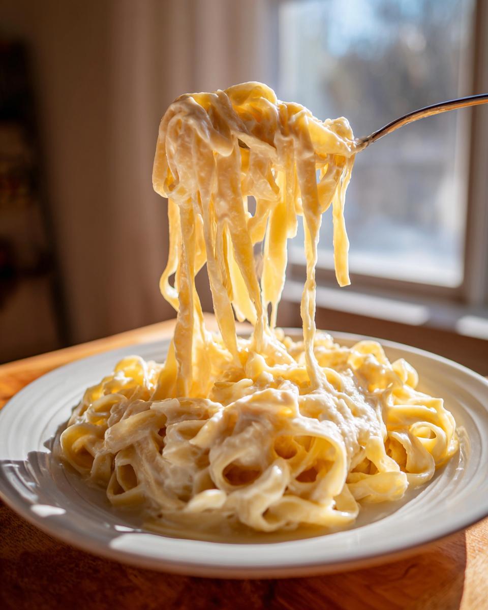A fork lifting creamy fettuccine pasta coated in rich homemade alfredo sauce.