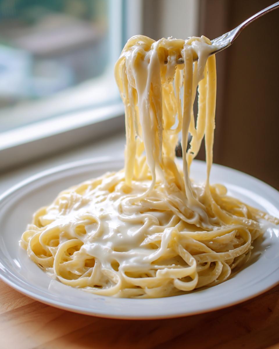 A fork lifts dripping strands of fettuccine coated in thick homemade alfredo sauce from a white plate.