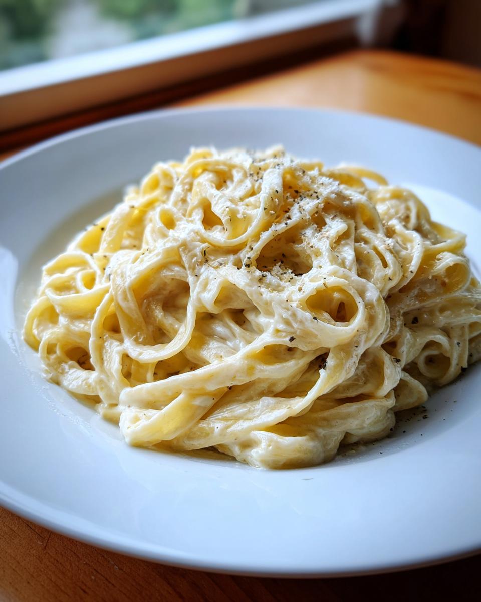 Close-up of fettuccine pasta coated in rich, creamy homemade alfredo sauce, topped with pepper.