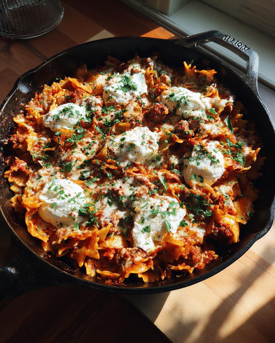 A close-up of finished skillet lasagna made with bowtie pasta, meat sauce, melted cheese, and dollops of ricotta.