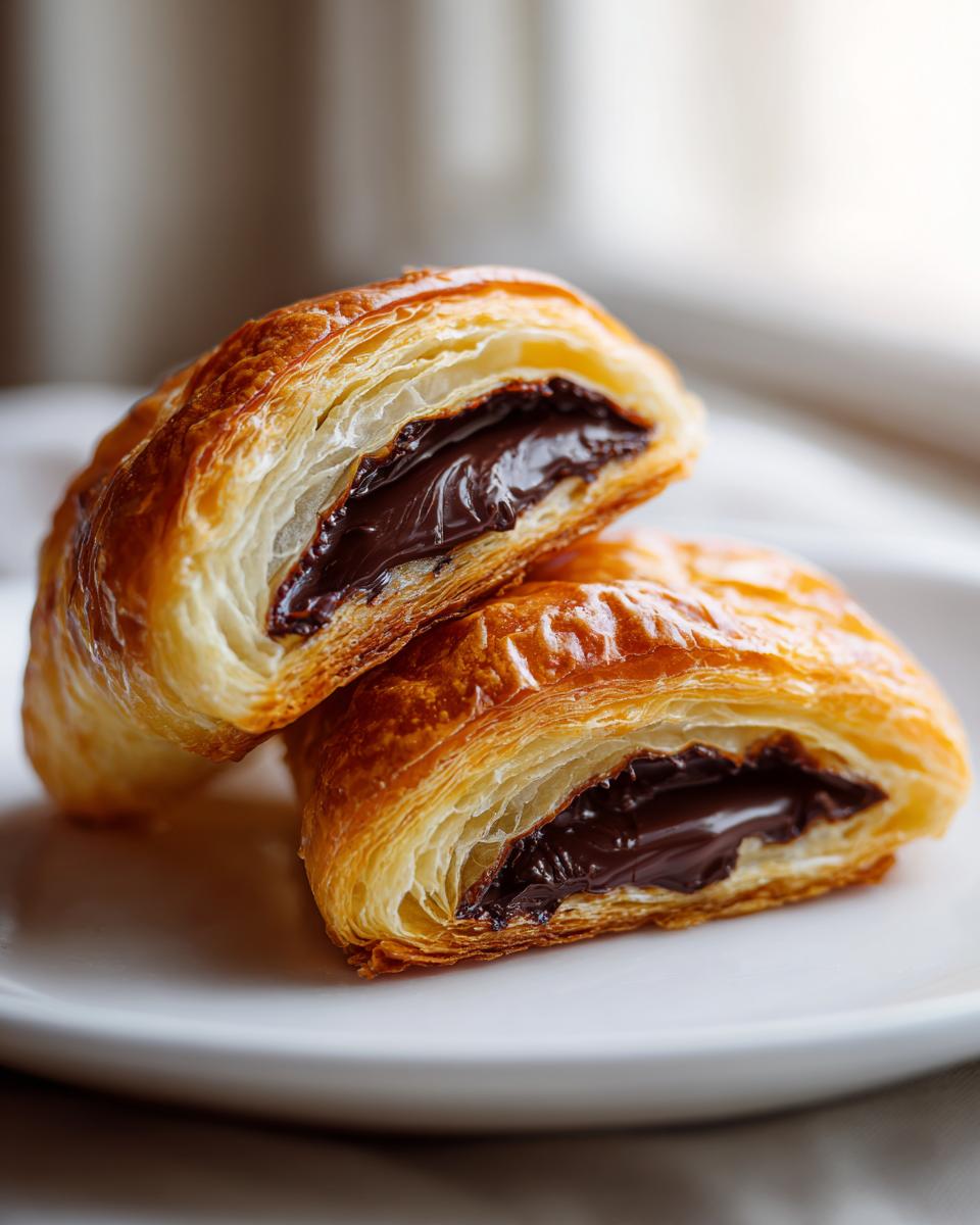 Two halves of a golden, flaky chocolate croissant cut open to reveal melted dark chocolate filling.