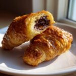 A flaky, golden-brown chocolate croissant cut in half, revealing melted dark chocolate filling, resting on a white plate.
