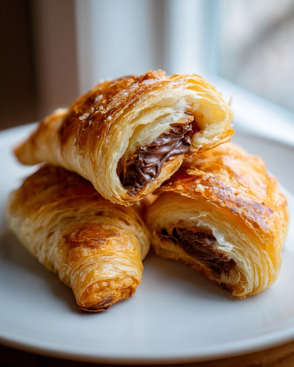 Close-up of three flaky, golden-brown chocolate croissant pieces stacked on a white plate, showing the melted chocolate filling.