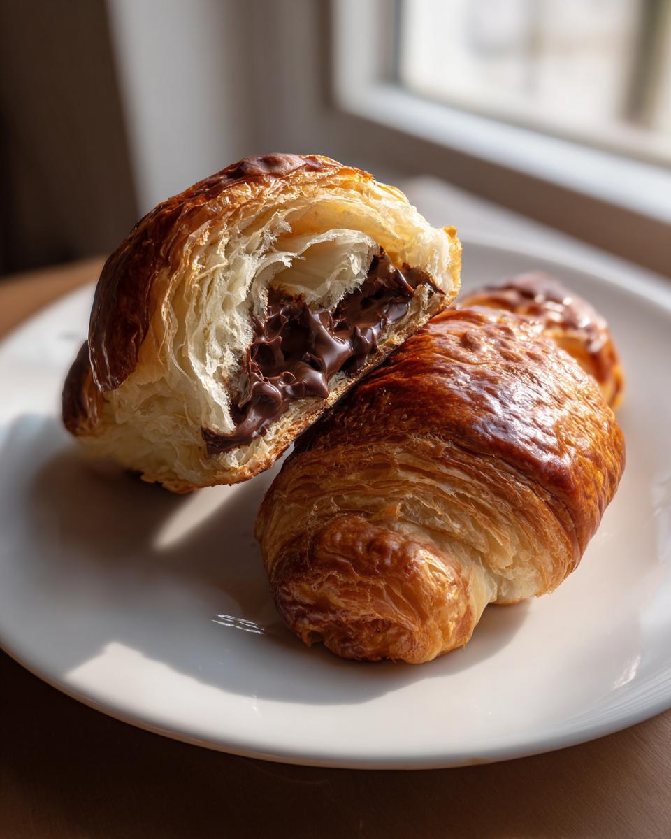 Close-up of a flaky, golden brown chocolate croissant cut in half, revealing the melted chocolate filling inside.