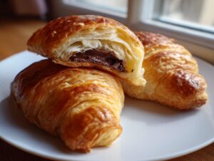 Close-up of three golden-brown chocolate croissants on a white plate, one cut open revealing melted chocolate filling.