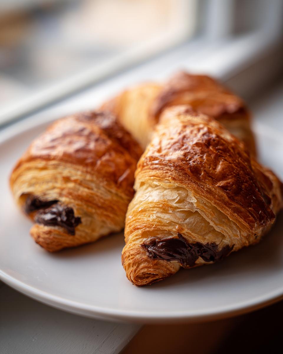 Three flaky, golden-brown chocolate croissant pastries resting on a white plate near a window.