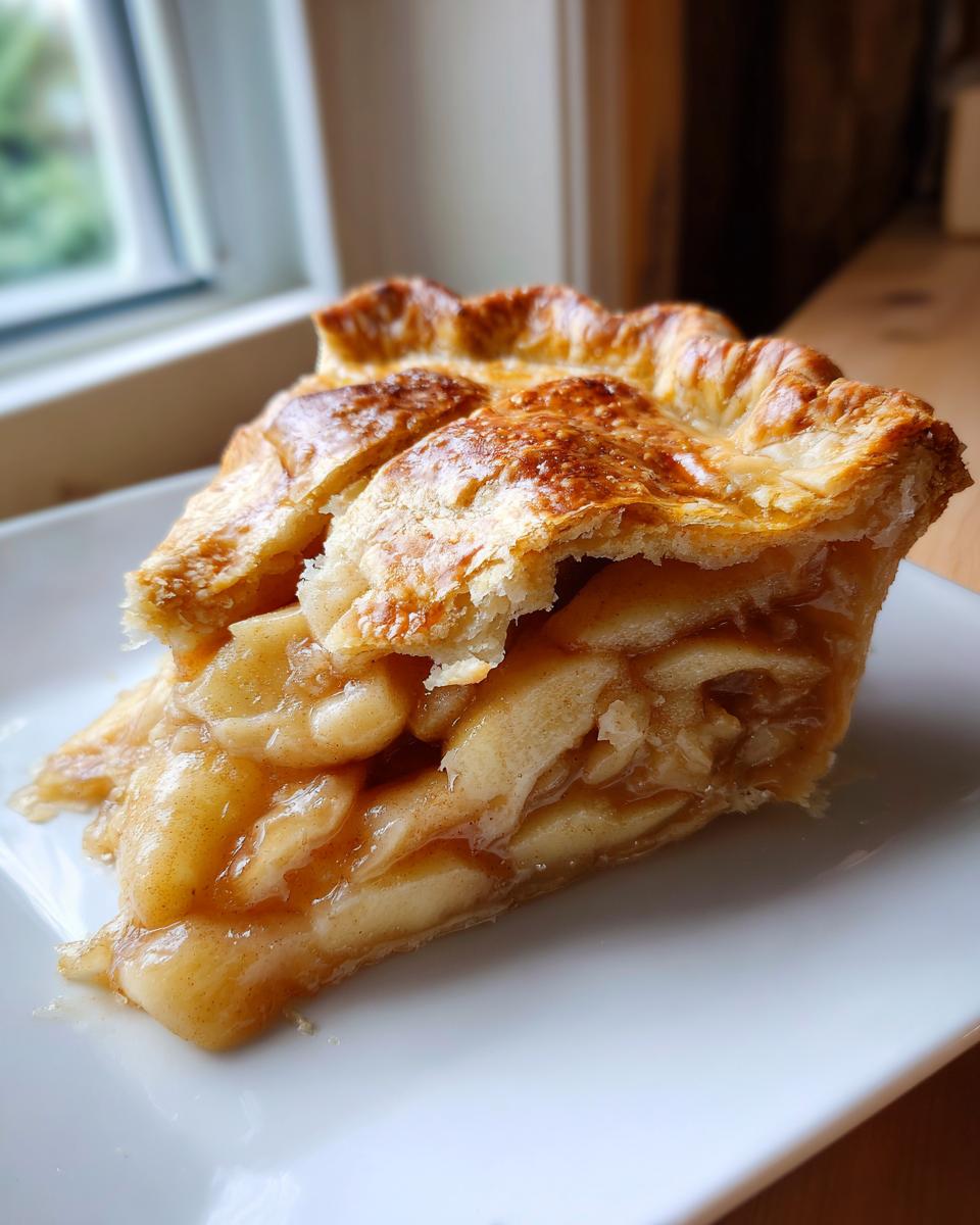 A close-up of a thick slice of apple pie showing the flaky, golden crust and rich, spiced apple filling.