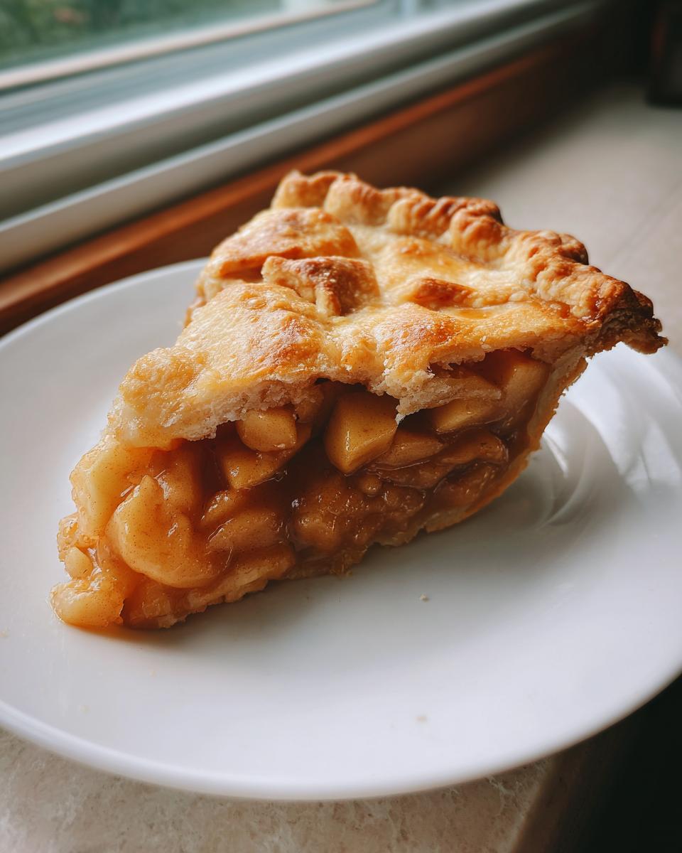 Close-up of a slice of apple pie showing chunky cinnamon filling and a flaky, buttery crust.