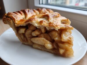 Close-up of a thick slice of apple pie showing caramelized apple filling and golden, flaky lattice crust.