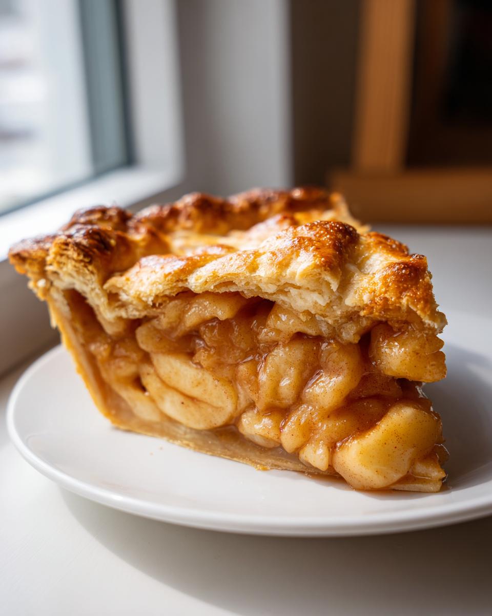 A close-up of a perfect slice of apple pie showing thick, caramelized apple filling and a golden, flaky crust.
