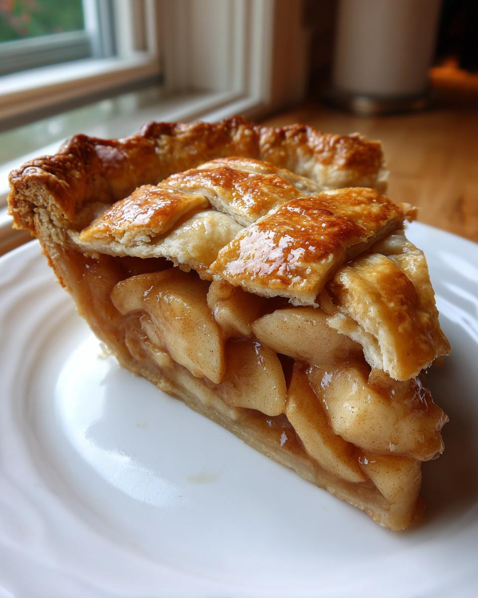 A perfect slice of homemade apple pie showing thick, spiced apple filling and a golden, flaky lattice crust.
