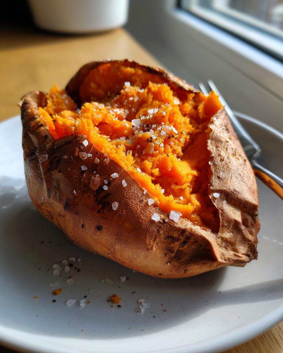A fluffy baked sweet potato split open and topped with coarse sea salt and pepper.