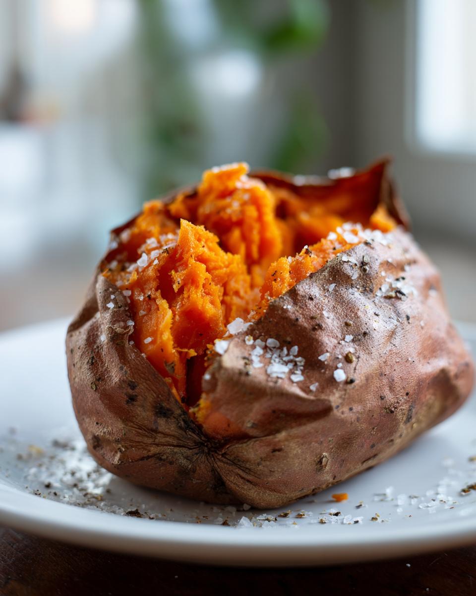 Close-up of a fluffy baked sweet potato, split open and sprinkled with coarse sea salt and pepper.